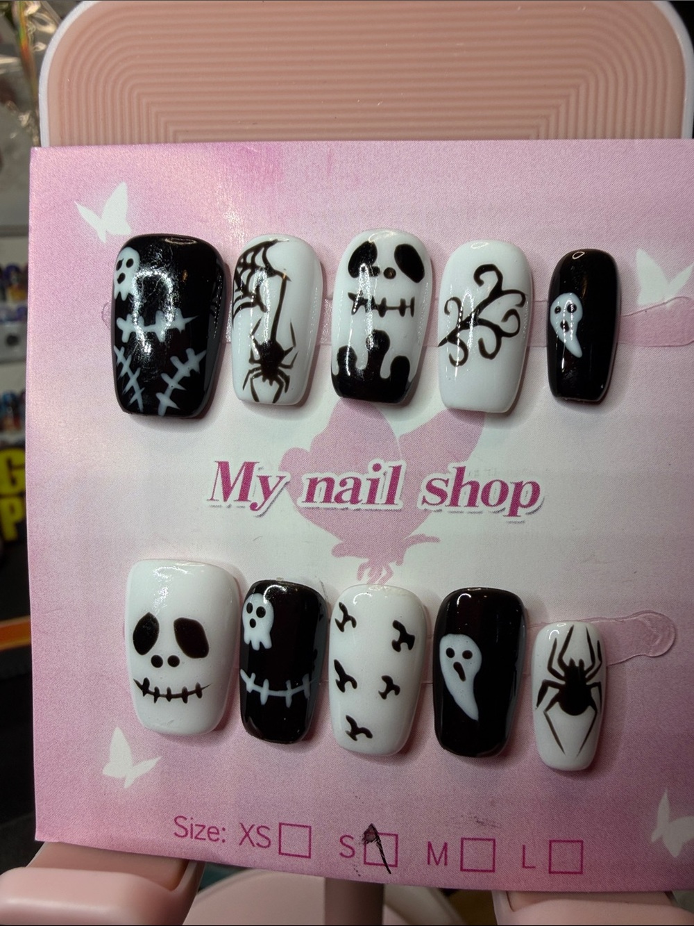 Black & White Halloween Skull & Spider Press-On Nails